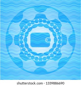 wallet icon inside light blue water wave badge background.