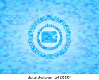 wallet icon inside light blue emblem with mosaic background