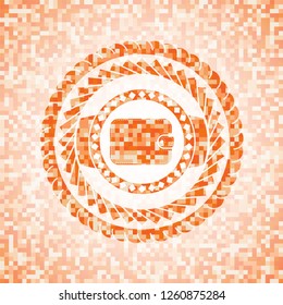 wallet icon inside orange tile background illustration. Square geometric mosaic seamless pattern with emblem inside.
