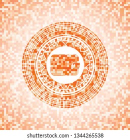 wallet icon inside orange tile background illustration. Square geometric mosaic seamless pattern with emblem inside.