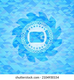 wallet icon inside realistic sky blue emblem. Mosaic background. 