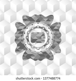 wallet icon inside retro style grey emblem with geometric cube white background