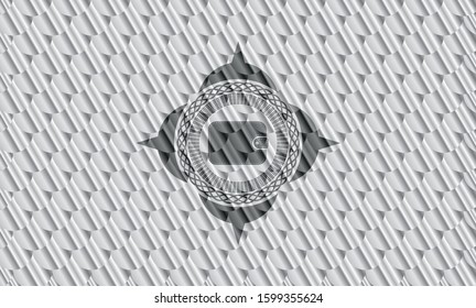 wallet icon inside silver shiny badge. Scales pattern. Vector Illustration. Detailed.