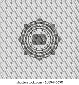 wallet icon inside silver shiny badge. Scales pattern. Vector Illustration. Detailed. 
