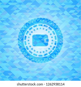 wallet icon inside sky blue emblem with triangle mosaic background