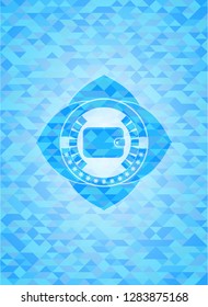 wallet icon inside sky blue emblem. Mosaic background