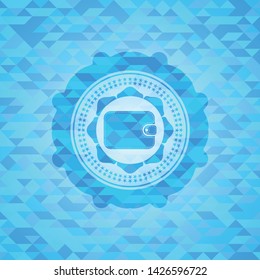 wallet icon inside sky blue emblem with mosaic background