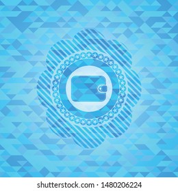 wallet icon inside sky blue emblem. Mosaic background