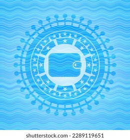 icono de la cartera dentro de la insignia de la ola de agua azul cielo. 