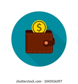 Wallet icon isolated in circle, Wallet with coin money flat design.
