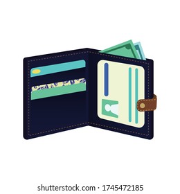 Icono de cartera aislado en fondo blanco. Cartera abierta con tarjeta de crédito, tarjeta de identificación y efectivo. Ilustración del vector