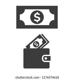 Wallet icon with money on white background. Vector illustration
