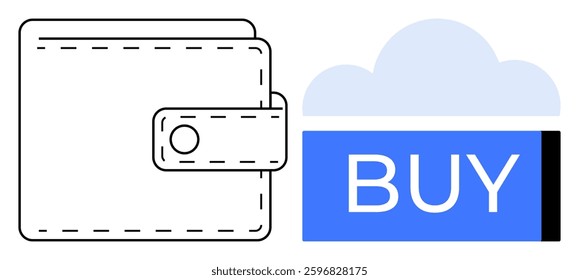 Wallet icon next to blue BUY button under cloud. Ideal for e-commerce, online shopping, digital payments, retail, financial apps, store interfaces, fintech. Line metaphor