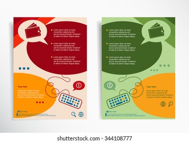 Wallet icon on abstract brochure design. Set of corporate business stationery templates. Modern back and front flyer backgrounds.
