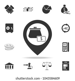 Wallet icon in pin icon. Detailed set of finance, banking and profit element icons. Premium quality graphic design. One of the collection icons for websites, web design on white background