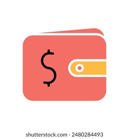 Wallet icon. Red wallet, yellow clasp, money, cash, finance, purse, savings, banking, currency, budget, pocket.