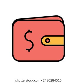 Wallet icon. Red wallet, yellow clasp, money, cash, finance, purse, savings, banking, currency, budget, pocket.