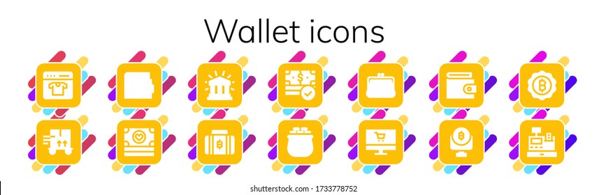 conjunto de iconos de cartera. 14 iconos de cartera rellenados.  Iconos modernos sencillos como: Tienda en línea, Trole, Wallet, Money, Financial, Bitcoin, Gold, Depósito, Caja registradora