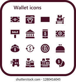  wallet icon set. 16 filled wallet icons. Simple modern icons about  - Money, Online shop, Sale, Trolley, Bank, Purse, Currency exchange, Bitcoin, Cash register