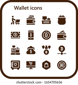 conjunto de iconos de cartera. 16 iconos de cartera rellenos. Incluye: compras, cartera, caja registradora, oro, dinero, tienda en línea, bitcoin, bolso, iconos de caja fuerte