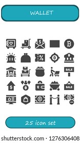  wallet icon set. 25 filled wallet icons. Simple modern icons about  - Strongbox, Trolley, Money, Sale, Bitcoin, Financial, Purse, Bank, Gold, Shopping, Sales, Wallet, Online shop