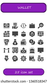 wallet icon set. 25 filled wallet icons.  Simple modern icons about  - Money, Currency exchange, Purse, Online shop, Cash register, Shopping, Bitcoin, Wallet, Line, Strongbox