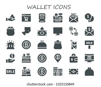 wallet icon set. 30 filled wallet icons.  Simple modern icons about  - Money, Online shop, Cash register, Gold, Payment method, Currency, Financial, Bitcoin, Purse, Trolley, Sale