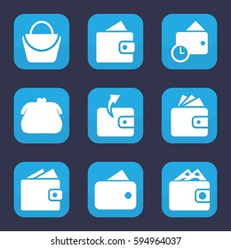 wallet icon. Set of 9 filled wallet icons such as woman bag, Wallet