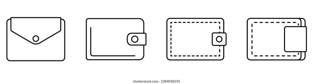 Wallet icon. Set of black linear icons of wallets on white background. Wallets logo design. Vector illustration
