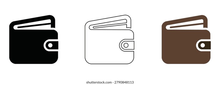 Wallet Icon Set Black Outline Brown Color Flat Vector Illustration Money Purse Symbol Finance Payment Graphic Design Element Isolated White Background Modern Minimalist Style Clipart