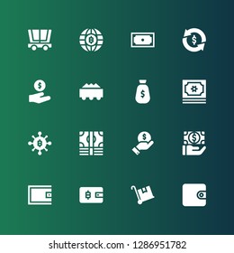 wallet icon set. Collection of 16 filled wallet icons included Wallet, Trolley, Payment, Finance, Money, Bitcoin, Cash, Investment