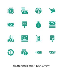 wallet icon set. Collection of 16 filled wallet icons included Cash, Money, Investment, Sale, Trolley, Bitcoin
