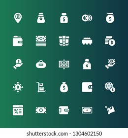 wallet icon set. Collection of 25 filled wallet icons included Trolley, Money, Wallet, Sale, Economy, Bitcoin, Payment method, Banknote, Purse, Finance, Belt pouch