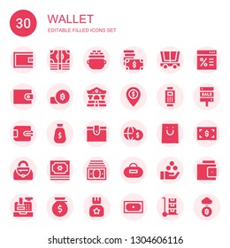 wallet icon set. Collection of 30 filled wallet icons included Wallet, Money, Gold, Trolley, Bitcoin, Bank, Payment, Shopping, Handbag, Income, Purse, Sale, Cash register