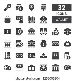 wallet icon set. Collection of 32 filled wallet icons included Money, Bank, Shopping, Gold, Wallet, Trolley, Purse, Cash, Income, Payment, Bitcoin, Buy, Sale