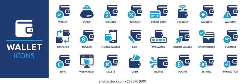 Wallet icon set. Containing e-wallet, purse, dollar, secured, protection, cardholder, credit card, cash and more. Solid vector icons collection.