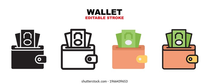 Wallet icon set with different styles. Icons designed in filled, outline, flat, glyph and line colored. Editable stroke and pixel perfect. Can be used for web, mobile, ui and more.