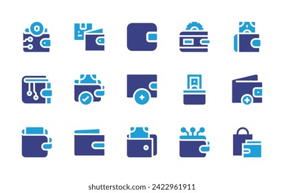 Wallet icon set. Duotone color. Vector illustration. Containing wallet, digital wallet, money management, cash, parcel, pocket, top up, payment method, ewallet, shopping bag.