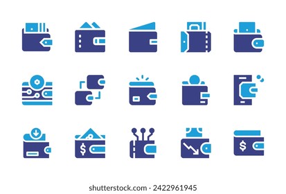 Wallet icon set. Duotone color. Vector illustration. Containing wallet black symbol, wallet, empty, digital wallet, transaction, loss, payment method.