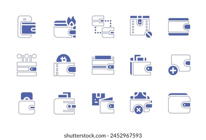 Wallet icon set. Duotone style line stroke and bold. Vector illustration. Containing wallet, digital wallet, top up, payment, exchange, parcel.