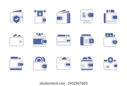 Conjunto de iconos de cartera. Trazo de línea de estilo duotono y negrita. Ilustración vectorial. Conteniendo cartera, beneficio, recarga, cartera en línea.