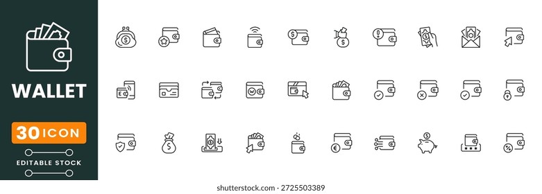 Wallet icon set for finance apps, digital payment, money management, banking UI, ecommerce checkout, minimal flat vector design