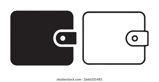 Brieftaschensymbol auf quadratischer Seite, flaches Symbol oben und Gliederungssymbol unten, schwarz-weiß, Vektor