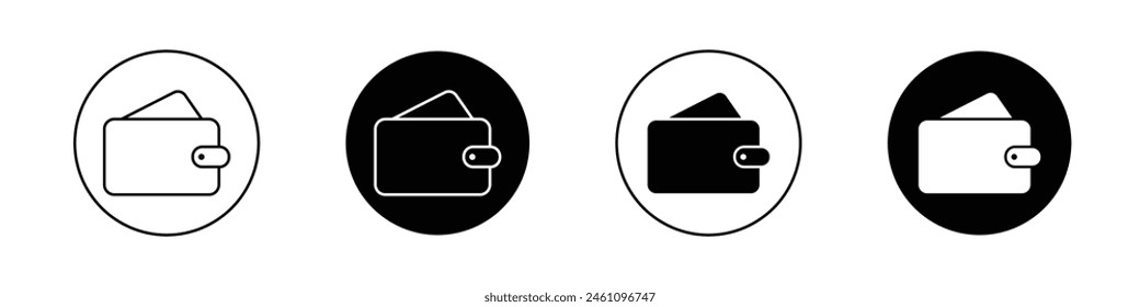 Wallet icon set. pay money purse vector symbol. personal pocket cash sign in black filled and outlined style.