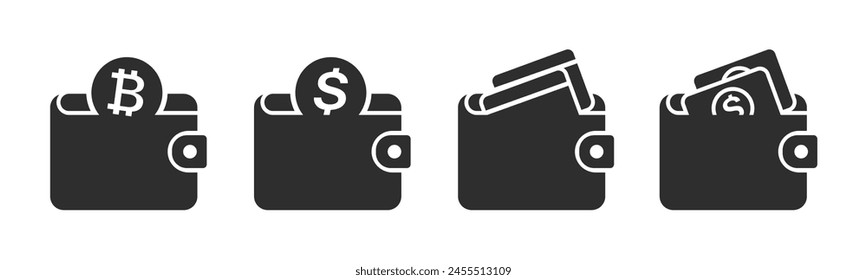 Wallet icon set. Purse plugh for crypto payment. Digital wallet with bitcoin coin, billfold and cards. Vector illustration.