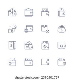 Juego de iconos de cartera. Icono de línea delgada. Trazo editable. Conteniendo dinero, operaciones, cartera, cartera digital, ganancias.