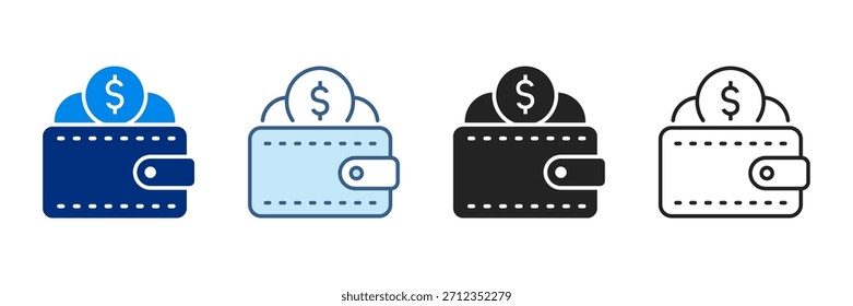 Conjunto de iconos de billetera de varios estilos Ilustraciones vectoriales con moneda de dólar.