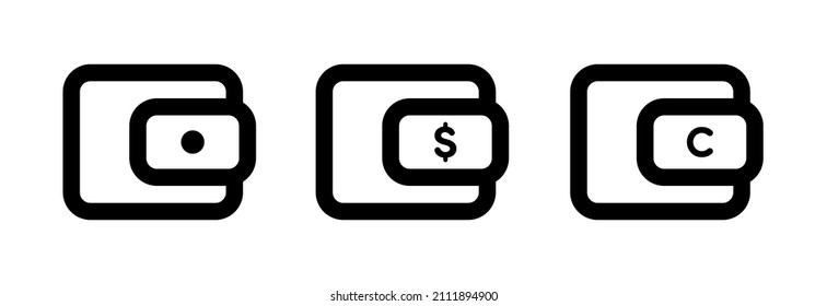 Juego de iconos de cartera. Conjunto de iconos de la cartera de vectores. Icono de la cartera de cifrado de línea plana, símbolo o botón