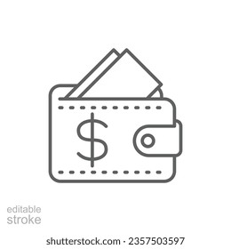 Wallet icon. Simple outline style. Affordable, investment, money, cash, dollar, bill, payment, business, finance concept. Thin line symbol. Vector isolated on white background. Editable stroke SVG. svg