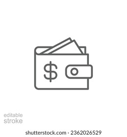 Wallet icon. Simple outline style. Affordable, investment, money, cash, dollar, bill, payment, business, finance concept. Thin line symbol. Vector isolated on white background. Editable stroke EPS.